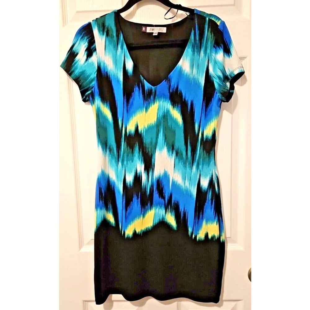 New $89 M Jennifer Lopez Sexy Body Con Spring Black Multicolor Stretch SS Dress